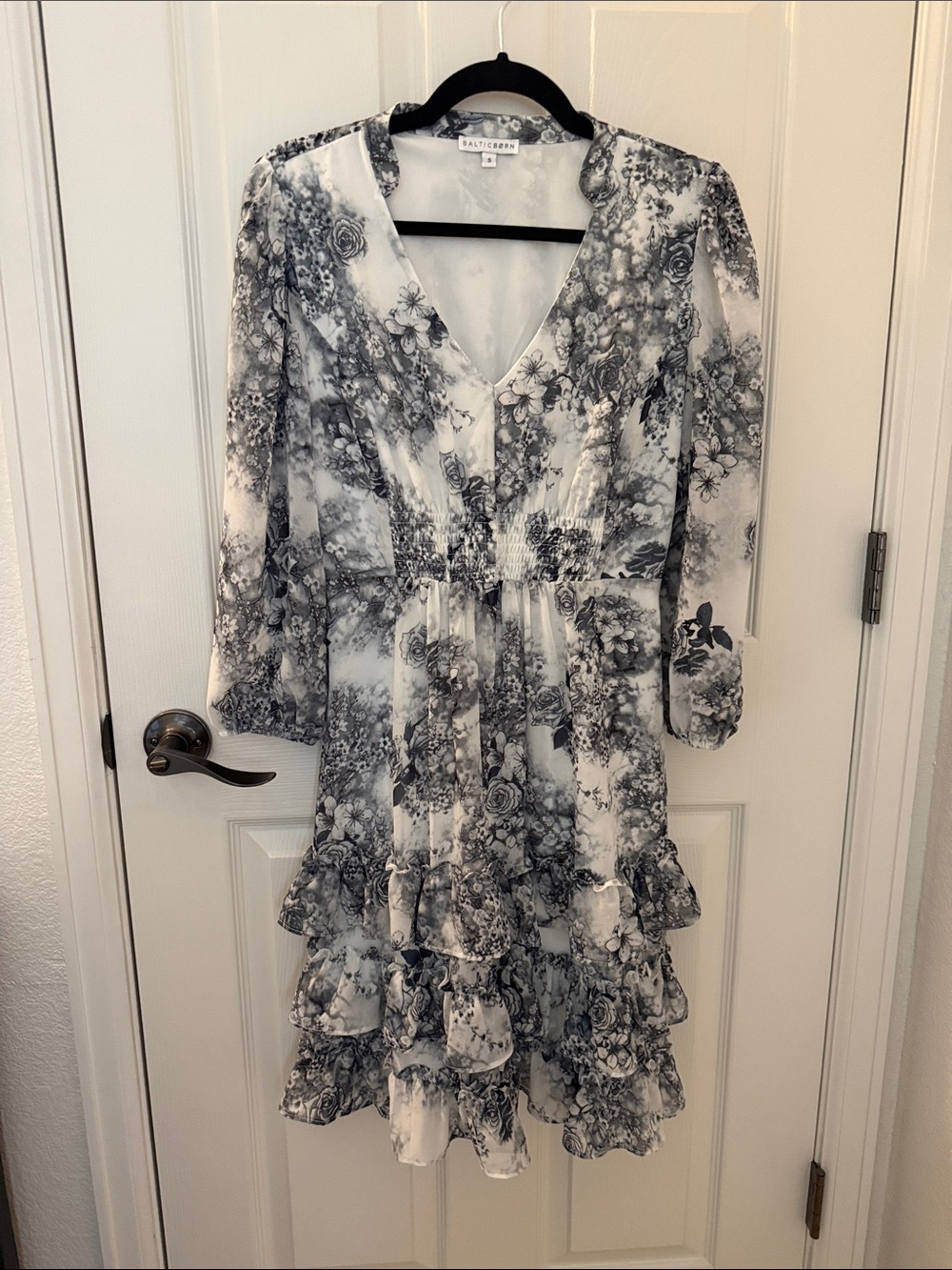 Baltic Born White and Black Floral Tiered V-Neck Long Sleeve Dress